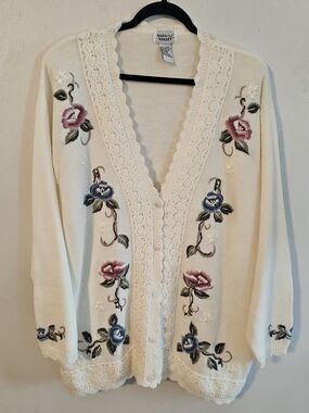 Napa Valley Cream Floral Embroidered Beaded Lace-Like Crochet-Trim Cardigan 3X